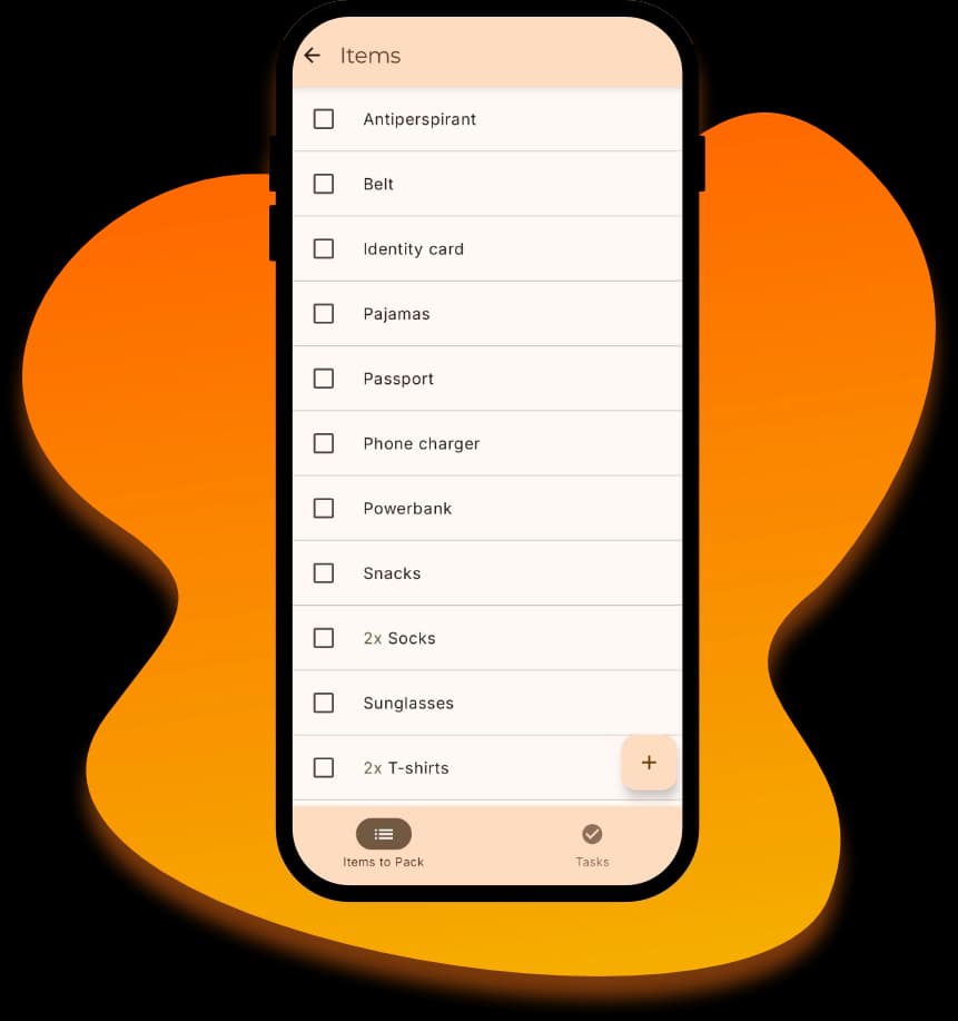 Smartphone showing the Bagoll packing list app interface
